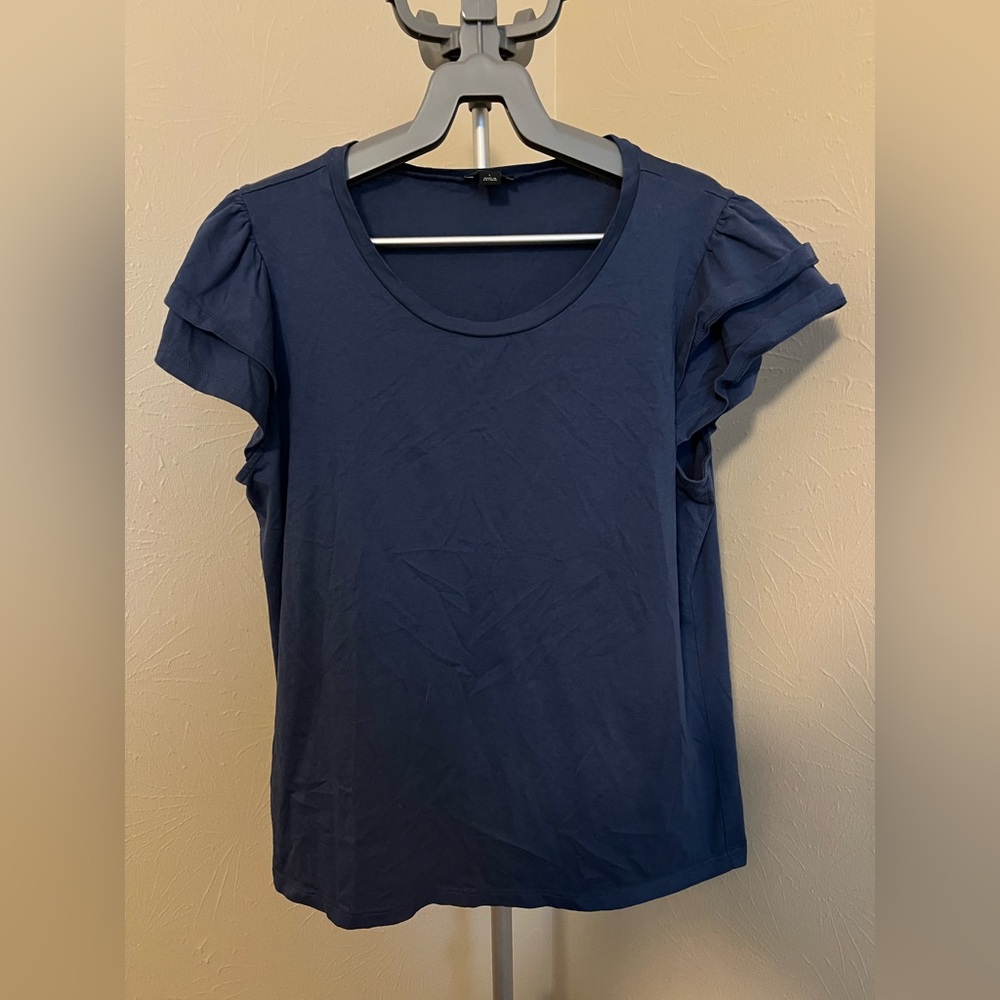 Ann Taylor 100% Cotton Blue Ruffled Cap Sleeve Blouse